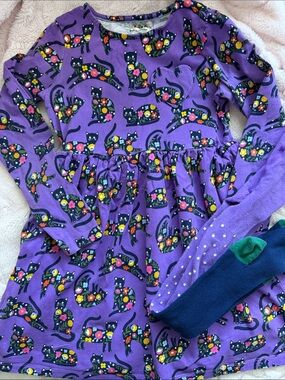 Mini Boden Purple Floral Black Cat Dress and Tights Set